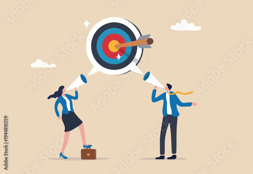 Effective communication for team success and achieve goal, meeting or discussion to speak the same goal, communicate important purpose concept, business people speak on megaphone the same