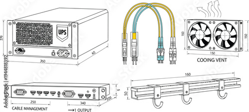 Technical schematic drawings display dimensions and components for industrial electronic hardware, including a server unit and cooling ventilation system.