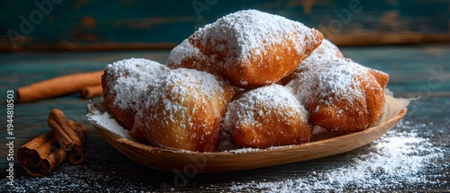 Evocative golden beignets dusted with powdered sugar, nestled in a rustic wooden bowl, accompanied by aromatic cinnamon sticks, symbolizing warmth and comfort.