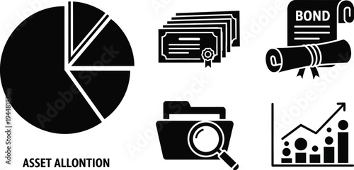 A collection of black and white icons represents concepts related to finance, investment analysis, and asset allocation for business planning.