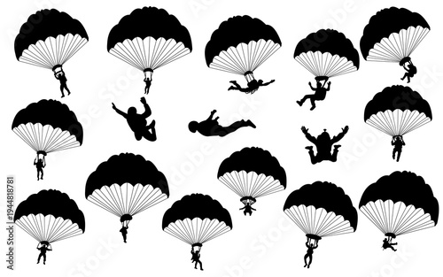 Paratrooper and skydiver silhouette collection extreme sport vector set
