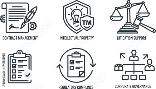 Legal documentation featuring a feather quill pen signing a contract alongside icons representing intellectual property and litigation support scales.