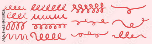 Set of hand drawn crayon lines, swirls, curly, coquette, ribbon, whimsical, retro elements for card, frame, invitation, wedding, logo, red