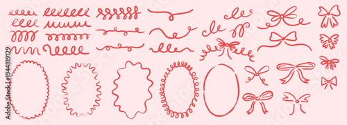 Set of hand drawn crayon elements, swirls, curly, coquette, ribbon, whimsical, retro elements for card, frame, invitation, wedding, logo, red