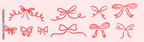 Set of hand drawn crayon bows, swirls, curly, coquette, ribbon, whimsical, retro elements for card, frame, invitation, wedding, logo