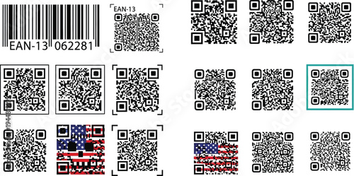 Various types of barcodes including EAN-13 and multiple QR codes are displayed against a white background for data encoding concepts.