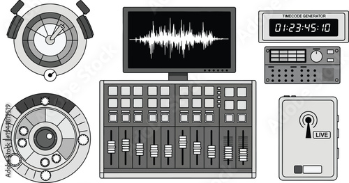Audio production equipment including a mixing console, waveform monitor, and analog gauges represents a sound engineering workspace.