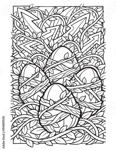 Intricate Nature-Inspired Eggs and Vines Adult Coloring Page for Relaxation