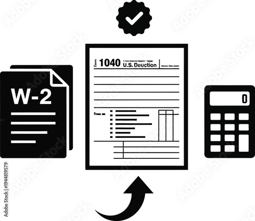 Tax forms W-2 and 1040 are organized next to a calculator beneath a verification checkmark icon.
