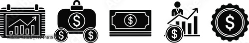 Financial icons illustrate concepts of investment growth, currency management, and wealth accumulation using dollar signs and charts.