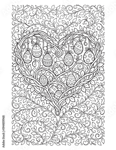 Intricate Heart Shaped Tree with Hanging Easter Eggs Adult Coloring Page