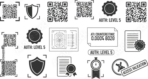 A set of monochrome security and authentication icons, including shields, seals, documents, and framing targets around QR codes, conveys digital validation.