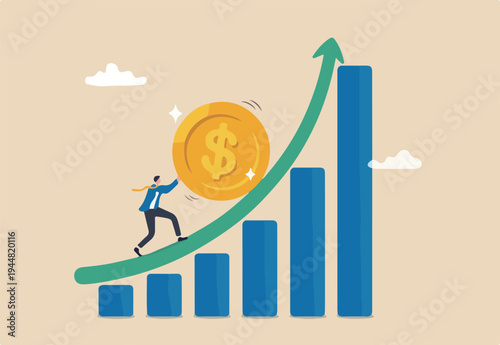 Compound interest exponential growth, investing earning profit, wealth management or savings, pension fund growing in long term investment concept, businessman push money coin up exponential