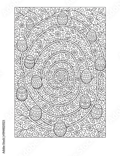 Intricate Spiral Egg Pattern Adult Coloring Page for Stress Relief and Mindfulness