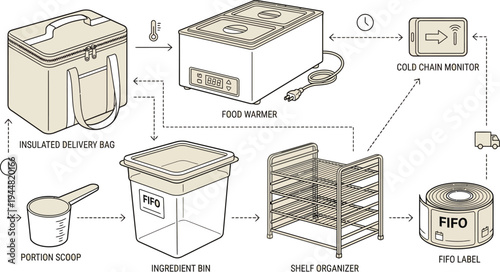 An infographic illustrates the proper sequence for food safety and storage using labeled diagrams of warming and holding equipment.