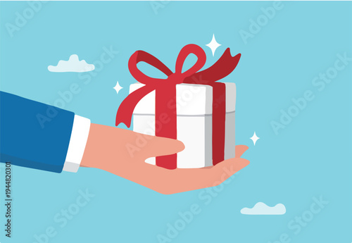 Gift reward program, bonus or surprise present for customer, employee reward or lucky prize, birthday gift box or festive incentive, special loyalty program concept, hand giving gift box