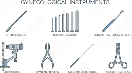 An array of specialized gynecological instruments is displayed in two rows, showing various tools for medical examination and surgical procedures.