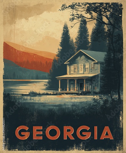 A rustic poster shows a cabin by a lake with pine trees and mountains under a soft sky. GEORGIA is written in bold orange letters at the bottom.