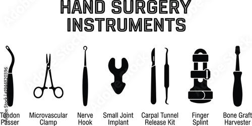 Silhouettes of specialized hand surgery instruments, including a tendon passer and microvascular clamp, are arranged in a row.