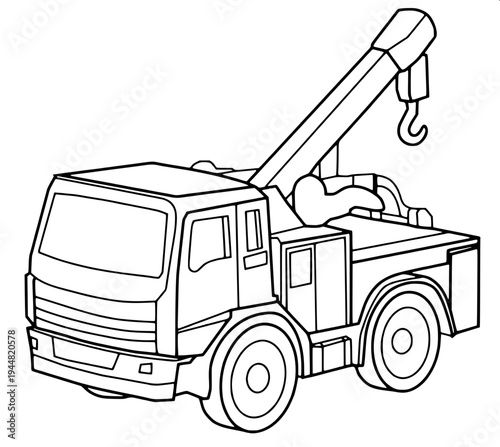 "forklift vehicle coloring page, cartoon forklift outline, clean bold lines, black and white vector illustration, side perspective, simple kids coloring book style, no shading, white background"