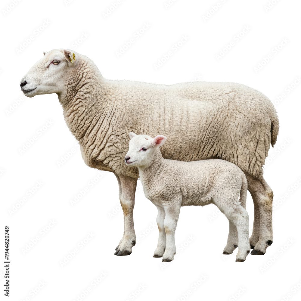 Fototapeta premium Sheep and lamb standing together isolated on white