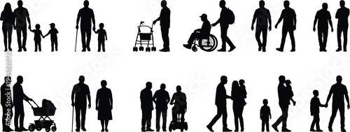 Collection of black silhouettes featuring diverse families seniors with walkers wheelchair users and parents with strollers isolated on white background for social inclusion projects
