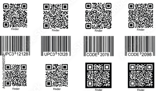 Multiple square QR codes and vertical barcodes are arranged in a grid layout to represent diverse digital and physical tracking methods.