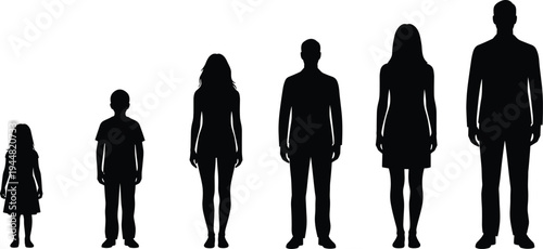 Collection of black silhouettes featuring human growth stages from childhood to adulthood with diverse men and women standing isolated on white background for life cycle design