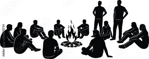 Black silhouettes featuring a group of friends sitting and standing around a glowing campfire for outdoor camping adventure and nighttime social gathering concept