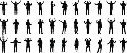 Collection of black silhouettes featuring men and women in various expressive gestures celebrating success and showing hand signs isolated on white background for design