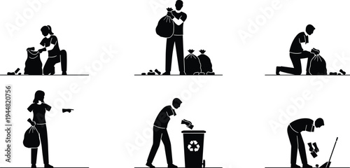 Collection of black silhouettes featuring people cleaning garbage recycling waste and picking up litter isolated on white background for environmental protection and sustainability projects