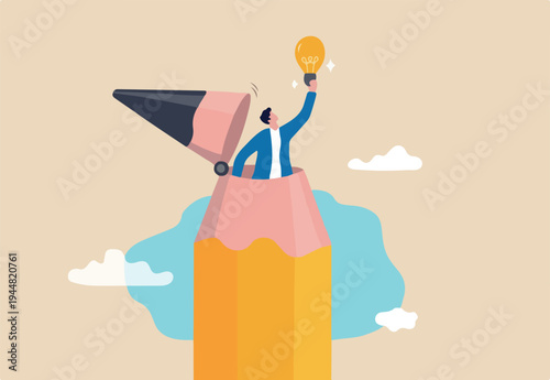 Creative idea, inspiration or imagination to think about new idea, creativity, knowledge learning or writing content concept, young creative man open pencil top discover new lightbulb idea