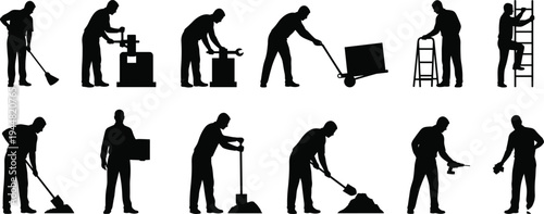 Collection of black silhouettes featuring industrial workers and laborers using tools shovels ladders and carts for construction and warehouse maintenance projects isolated on white