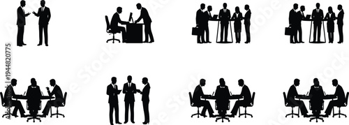 Collection of black silhouettes featuring professional business people in meetings sitting at desks and discussing projects isolated on white background for corporate teamwork and leadership