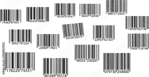 A collection of different barcode formats scatters randomly across a white surface, illustrating various coding standards.