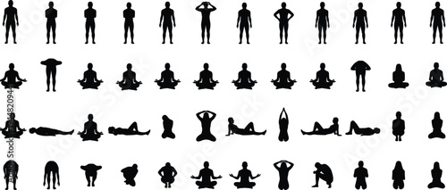 Large collection of black silhouettes featuring men and women in various yoga poses meditation and stretching exercises isolated on white background for health and wellness