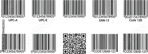 Various types of standardized linear barcodes and matrix QR codes are displayed together on a white background for identification purposes.