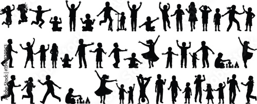 Large collection of black silhouettes featuring happy children jumping running dancing and playing in various active poses isolated on white background for childhood design