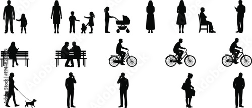 Large collection of black silhouettes featuring people cycling, walking dogs, pushing strollers, and sitting on park benches isolated on white background for urban lifestyle design