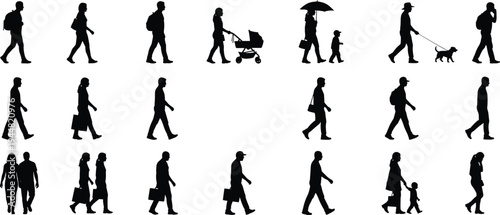Large collection of black silhouettes featuring people walking shopping with bags pushing strollers and walking dogs isolated on white background for urban lifestyle design