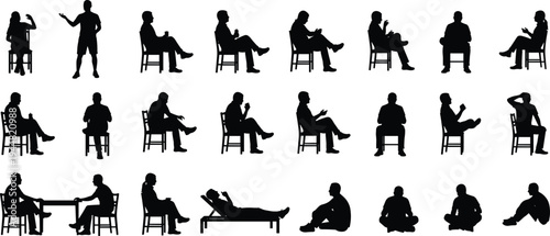 Large collection of black silhouettes featuring people sitting on chairs, talking, relaxing, and working at tables isolated on white background for lifestyle design projects