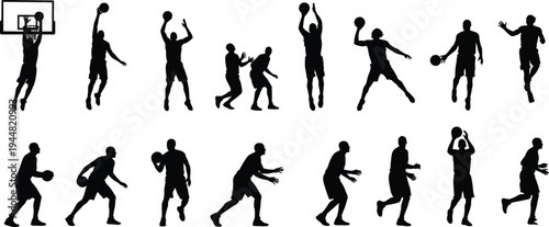 Large collection of black silhouettes featuring professional basketball players jumping dunking shooting and dribbling isolated on white background for sports and fitness design projects