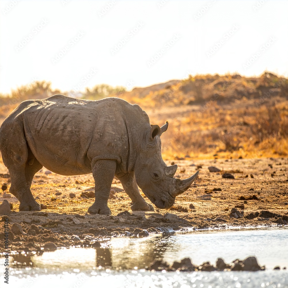 Fototapeta premium White Rhinoceros Drinking Water at Sunset in African Savanna.