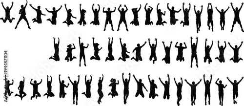 Massive collection of black silhouettes featuring a diverse crowd of happy people jumping in the air celebrating success and freedom isolated on white background