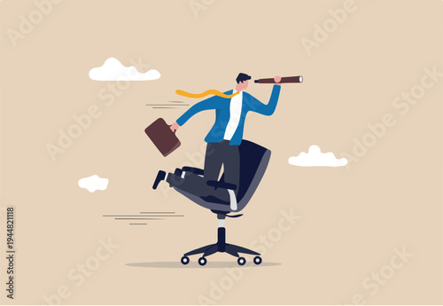Career future, new job opportunity or visionary to success in work concept, businessman riding office chair using telescope to see future and the way forward