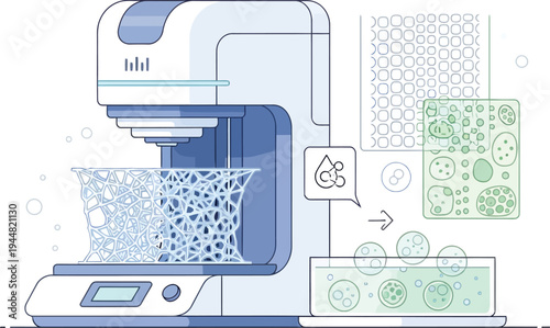 A specialized 3D bioprinter constructs a complex cellular scaffold structure from liquid material into a collection basin for further analysis.