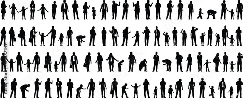 Massive collection of black silhouettes featuring a diverse group of men women and children in various standing and social poses isolated on white background