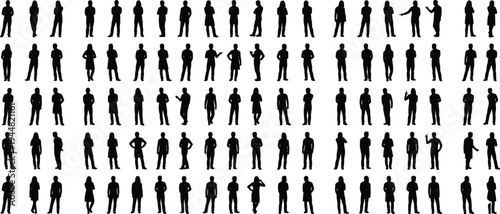 Massive collection of black silhouettes featuring a diverse group of men and women standing in various social and professional poses isolated on white background
