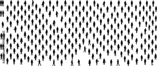 Massive collection of black silhouettes featuring a diverse crowd of people standing and walking isolated on white background for urban lifestyle and community projects