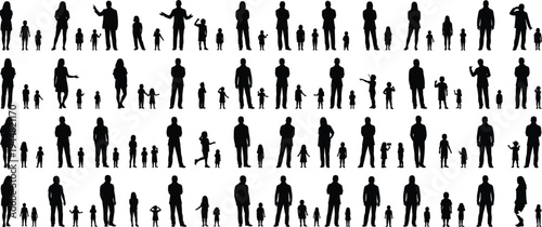 Massive collection of black silhouettes featuring a diverse crowd of men women and children standing in various poses isolated on white background for community projects